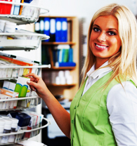 Woman Stock Keeper Refreshing Shelves With Skin Care Products (and Lanolin) in a Drug Store